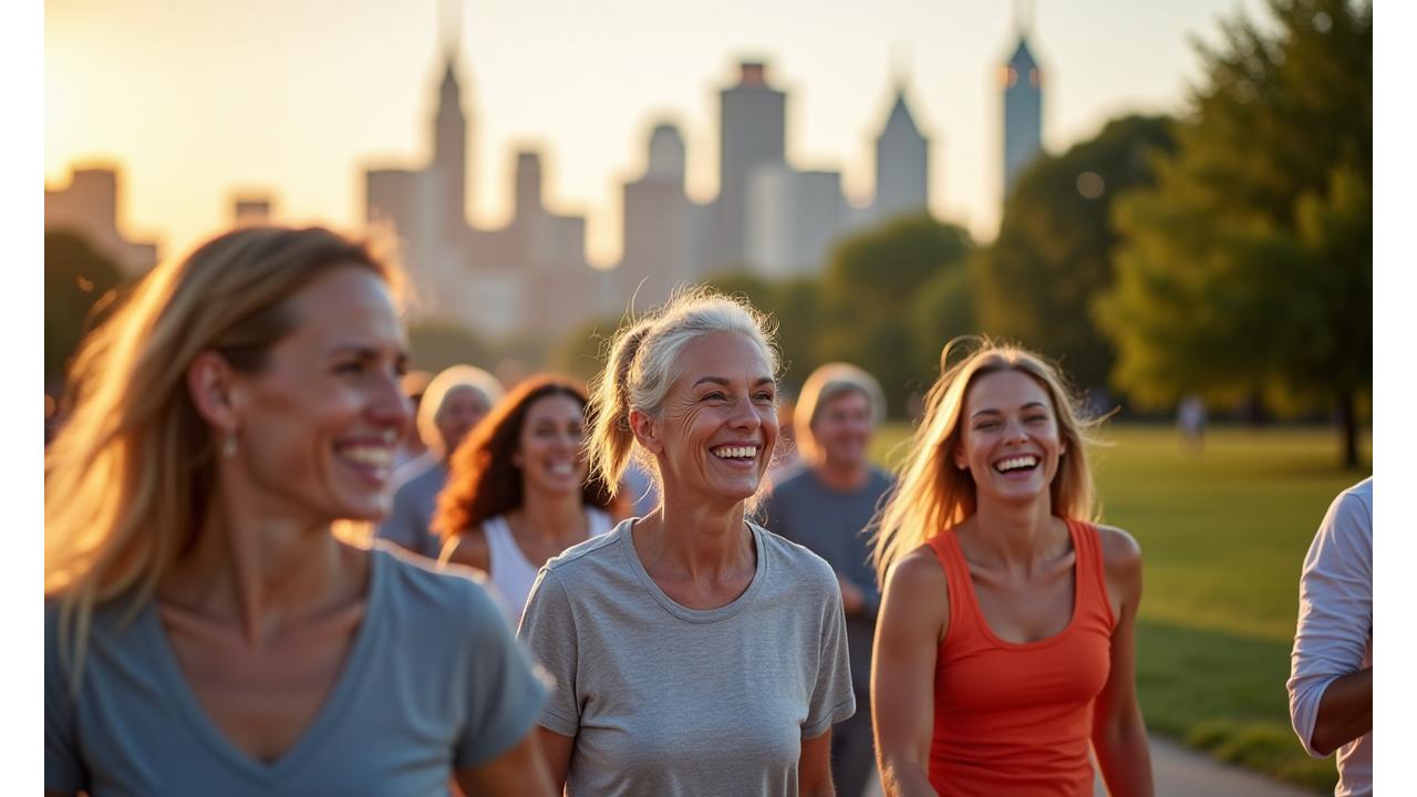 Diverse group of healthy adults 35+ thriving in a vibrant Austin cityscape, looking vibrant and engaged.