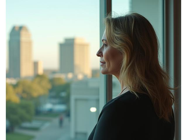 Dr. Eleanor Vance, founder of Bloom & Balance, thoughtfully looking out over downtown Austin from a modern office, symbolizing vision and expertise.