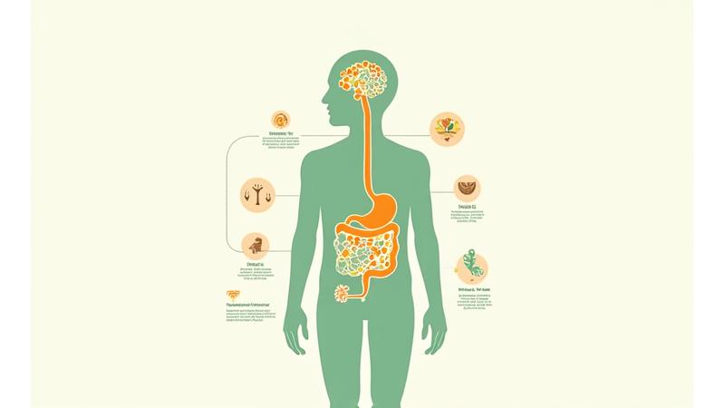 An infographic representing the gut microbiome: healthy bacteria, a flourishing digestive system, and a mind connected, signifying overall well-being and the gut-brain axis.