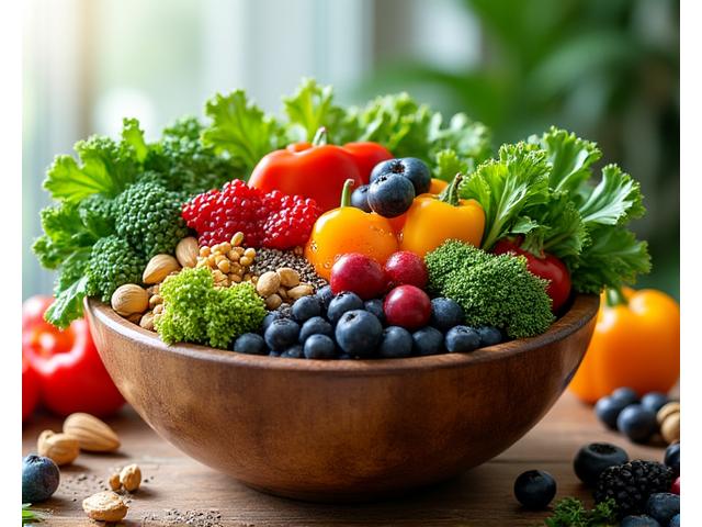 A vibrant, overflowing bowl of plant-based whole foods including colorful vegetables, fruits, nuts, and seeds, suggesting health and vitality.
