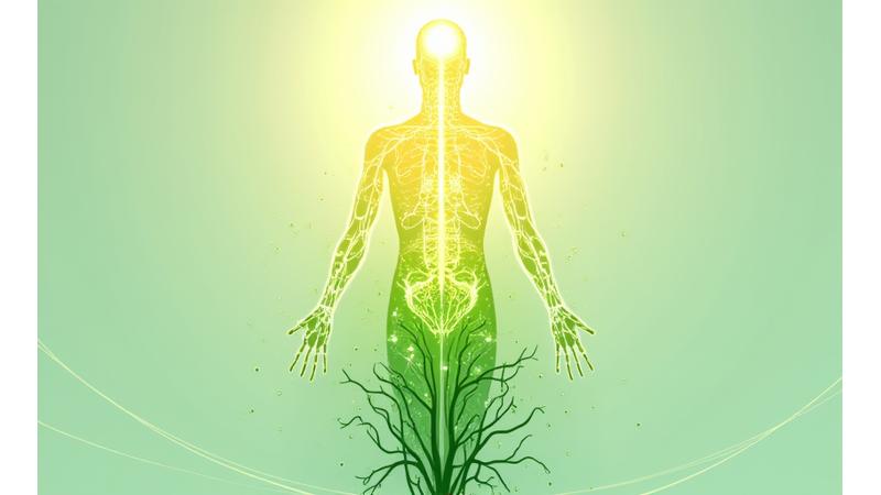 Illustration of a person nourishing themselves with plant-based food, surrounded by icons representing balanced gut, energy, and mental clarity, depicting the holistic benefits of functional nutrition.