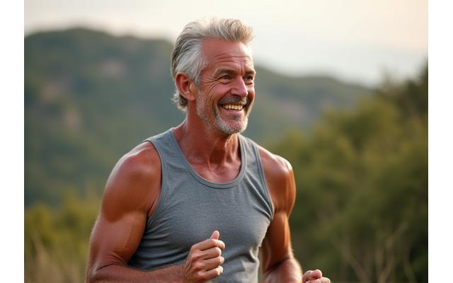 David Lee, a man in his early 50s, looking active and vibrant, perhaps on a hiking trail in Austin, reflecting renewed vitality and weight optimization.