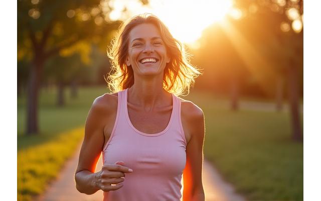 Eliza Rogers, a radiant woman in her mid-40s, full of energy and health, smiling confidently, embodying wellness after a successful nutrition program.