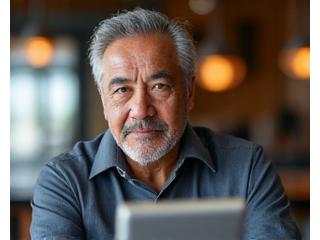 Confident man in his late 50s, working thoughtfully at a desk.