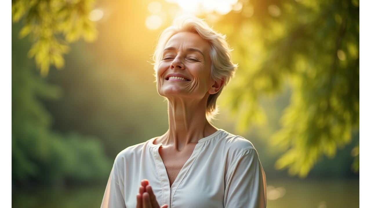 An adult experiencing calm and balance through mindfulness amidst a serene natural setting.