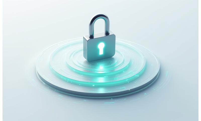 Illustration of layered security, showing a padlock within concentric rings of digital firewalls, cyber shields, and biometric scans, emphasizing comprehensive data protection.