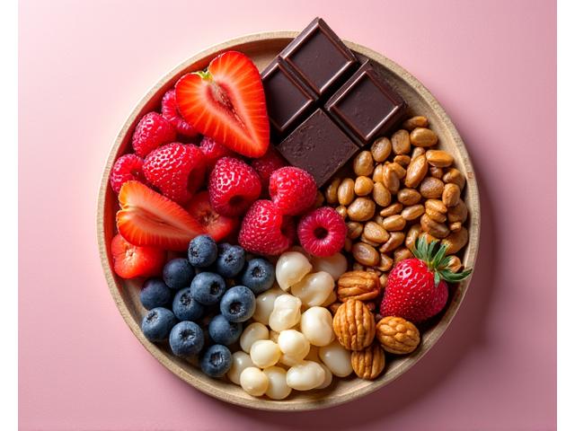 Delicious and colorful array of whole-food snacks, including berries, nuts, and dark chocolate.