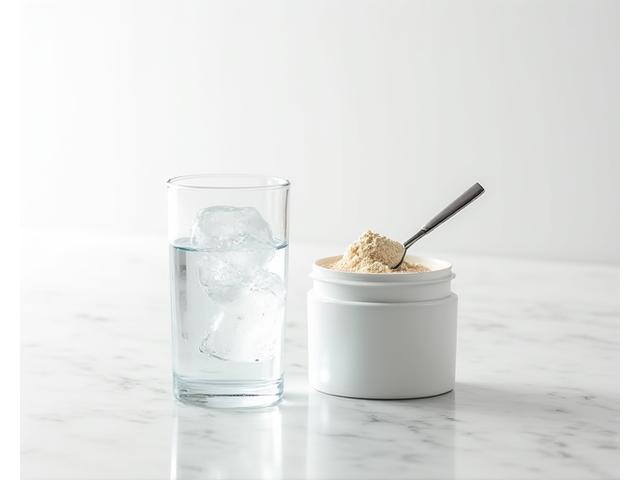 Collagen peptide powder with a scoop and a glass of water, bright and clean composition.