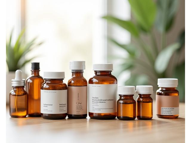 Variety of natural supplements in amber glass bottles and eco-friendly packaging.