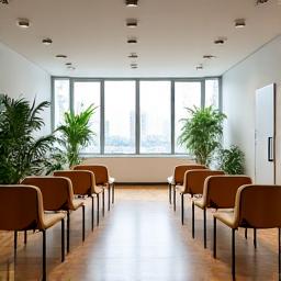 A bright, inviting workshop space with chairs arranged in a semi-circle and a presenter at the front, indicating in-person learning.