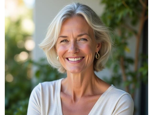 Confident woman in midlife, smiling and active, representing vitality and balance.